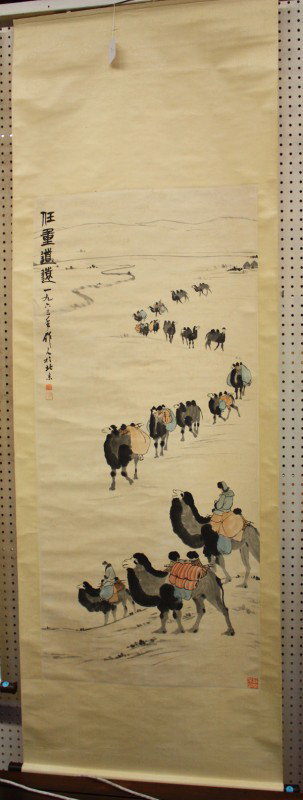Chinese Scroll, Wu Zuoren (after), Camel: Chinese hanging scroll, 'Ren Zhong Dao Yuan' (Important Responsibilities, Arduous Road), after Wu Zuoren (1908-1997), ink and color on paper, depicting a camel caravan with title to upper left, with d