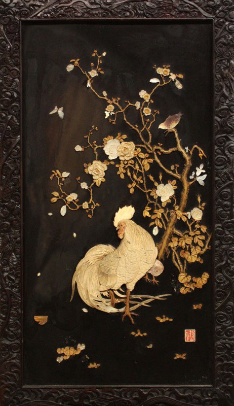 Pair Japanese Inlaid Lacquer Panels: Pair of framed Japanese inlaid black lacquer panels, Meiji period, the left depicting a hen and chick feeding near a flowering chrysanthemum bush, the right featuring a rooster walking beneath a bloss
