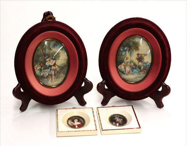 Four Continental framed miniature paintings: (lot of 4) Two German framed hand-painted miniature portraits of Beethoven and Nanette R. Kaula; together with two French hand-painted scenes showing a courting couple and a musical trio, framed in re