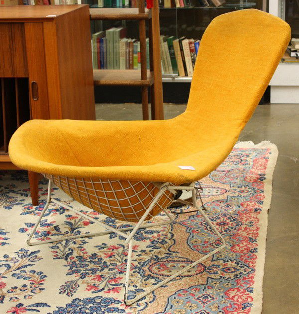 Harry Bertoia Bird lounge chair: Harry Bertoia (1915-1978), Bird lounge chair for Knoll, circa 1960, the frame is welded of steel rods in a diamond pattern, finished in a white powder coat paint, upholstered in Knoll Cato orange H800