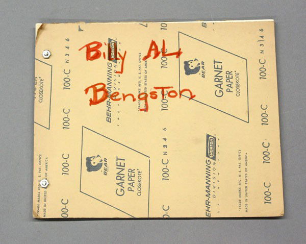 Book, Billy Al Bengston: Art book, ''Billy Al Bengston'' by James Monte, designed by Ed Ruscha, 1968, Softcover, book covers are of sandpaper, title ''Billy'' is in pink flocking on cover, bound with machine screws and nuts,