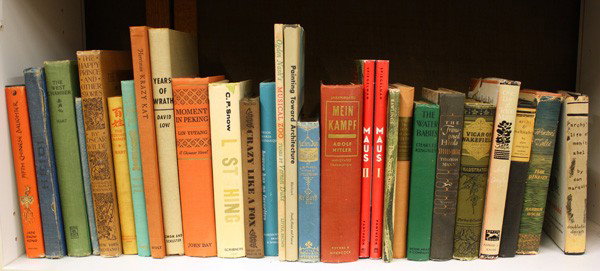 Assorted Books: (lot of 28) One shelf of assorted books, mostly fiction, including Maus 1 and 2, Krazy Kat, The Happy Prince, and other titles