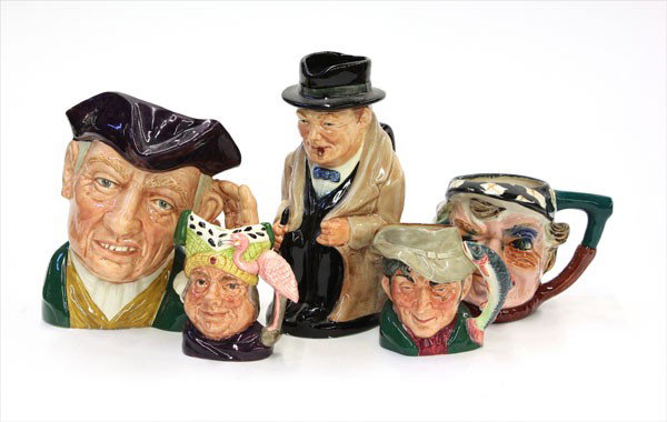 Royal Doulton Tobey mugs: (lot of 5) Royal Doulton Tobey mugs, including '''Ard of 'Earing'', ''Ugly Duchess'', ''The Poacher'', ''Winston Churchill'', with an associated Tobey style jug, largest 7''h