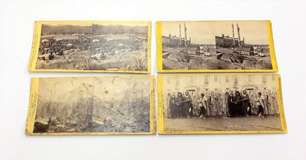 Eadweard Muybridge stereoviews: (lot of 4) Eadweard Muybridge (1830-1904) stereoviews, including a view of the Yosemite Valley, Calistoga Springs, Alaskan group of Native Americans, Ter. Sitka, Alaskan Territory, Fort Wrangle, The N
