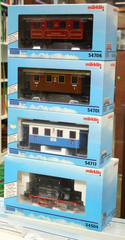 Model trains: (lot of 4) Model trains, Marklin 1 gauge model train cars, including ''Tank Locomotive'' serial number 54504, ''Passenger Car'' serial number 54701, ''Passenger Car'' serial number 54711, and ''Passen