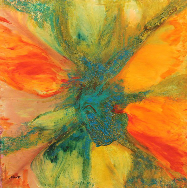 Painting, Manor Shadian, Orange Glow: Unframed mixed media on board, ''Orange Glow'', by Manor Shadian (Californian, b.1931), signed lower left, titled verso, overall: 36''h x 36''w