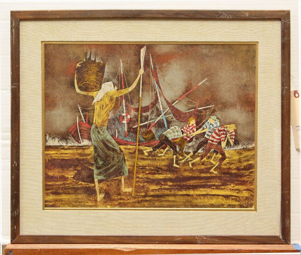 Painting, Felix Varla, Fisherman, Russian: Framed mixed media on paper, ''Fisherman coming home'' by Felix Varla (Russian/Georgian, 1903-1986) signed ''Varla'' lower right sight 13.5''h x 17.25''w, overall: 19.25''h x 22.75''w