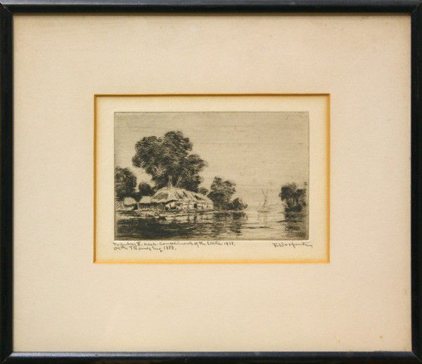 Etchings, Leo Hunter: (lot of 3) Framed etchings by F.(Frederick) Leo Hunter (American, 1858-1943), including; ''Old Dyckman House, NY'', ''Clipper Ship Flying Cloud'', and Lakeside Cabin, each signed lower right, largest
