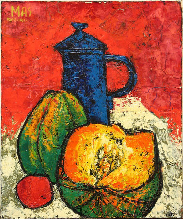 Painting, Pierre Mas, French: Framed oil on canvas, Blue Pitcher, 1961, by Pierre Mas (French, b. 1933), signed and dated ''Mas, Paris, 1961'' upper left, overall: 22''h x 18''w