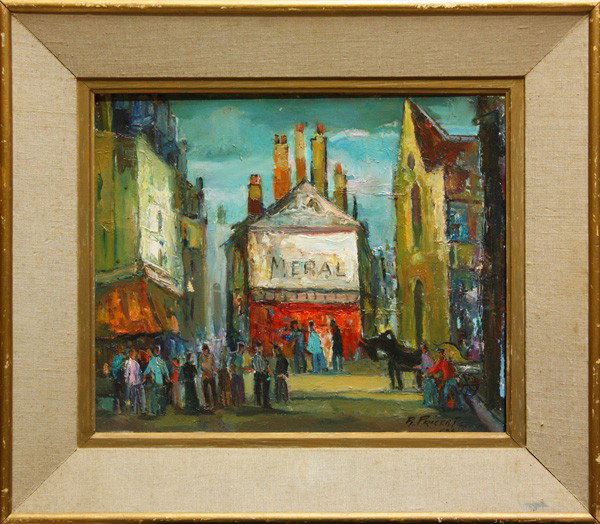 Painting, Paris, Raphael Pricert: Framed oil on board, ''Rue Mouffetard, Paris'', by Raphael Pricert (French, 1903-1967), signed ''R. Pricert'' lower right, overall: 22.5''h x 25.5''w