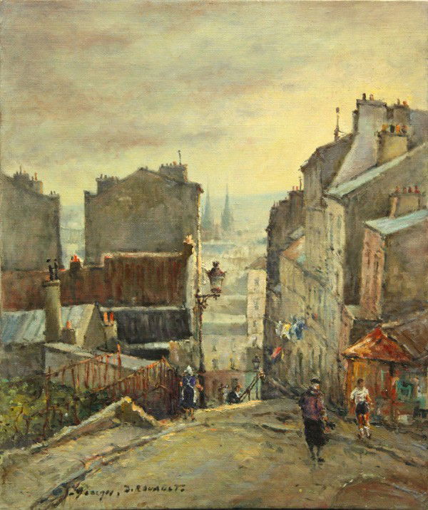 Painting, style of Georges Rouault, Paris: Framed oil on canvas, Paris Street Scene, in the style of Georges Rouault (French, 1871-1958), bears signature lower left, overall: 22''h x 18''w