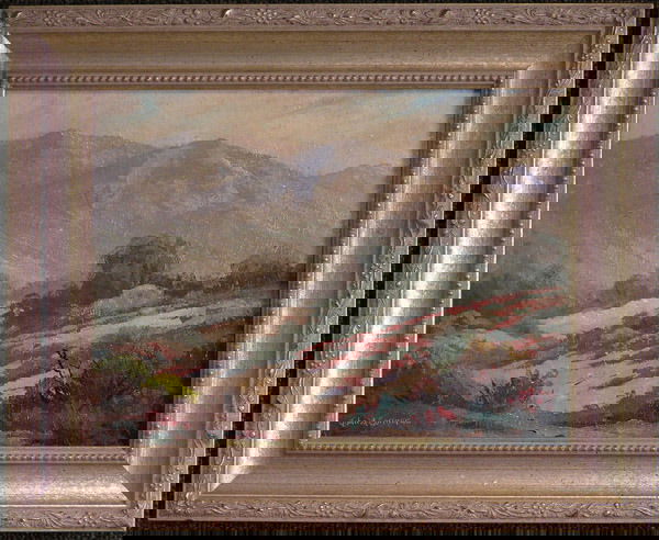 Framed oil, Coachella, J.A. Conner: Framed oil on canvasboard, San Dunes - Coachella Valley, by John Anthony Conner (Californian 1892-1971), signed lower left, image: 9''h x 12''w, framed: 13''h x 16''w. Condition: some inpainting