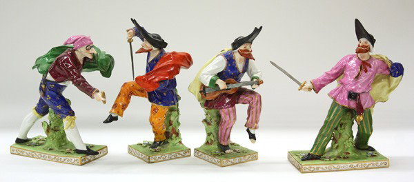 Capodimonte commedia dell arte porcelain figures: (lot of 4) Capodimonte Commedia Dell Arte porcelain figures, each figure is dressed in period costume, three porcelain figures depict Pantalone, and one depicts Harlequin, each figure is marked on the