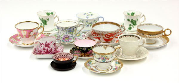 Porcelain tea cups and saucers: (lot of 24) Twelve teacups and saucers, including Royal Vienna, Crown Staffordshire, and Limoges, each having polychrome decoration, largest 3''h