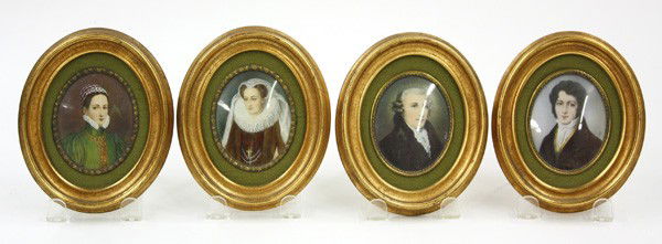 Framed portrait miniatures: (lot of 4) Framed portrait miniatures, executed on celluloid, the ladies depicted in Elizabethan dress, one artist signed Killian, the gentlemen dressed in period attire and both artist signed, one si