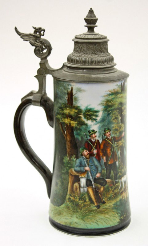 Bavarian beer stein with a lithophane: Bavarian beer stein, circa 1890, with a lithophane base, depicting a gentelman and fraulein in a tavern, the exterior is decorated with a hunting scene, depicting three gentleman and their hound congr