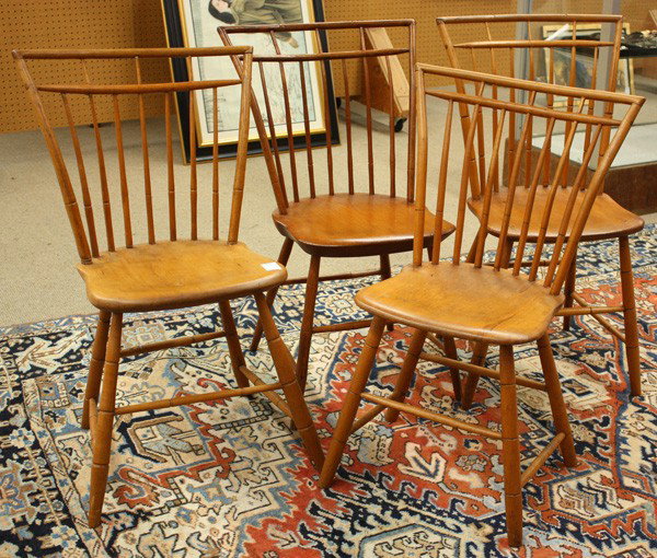 New England Birdcage Windsor chairs: (lot of 4) New England Birdcage Windsor chairs circa 1810, each having an arched back above the plank seat and rising on bamboo turned legs, 33''h