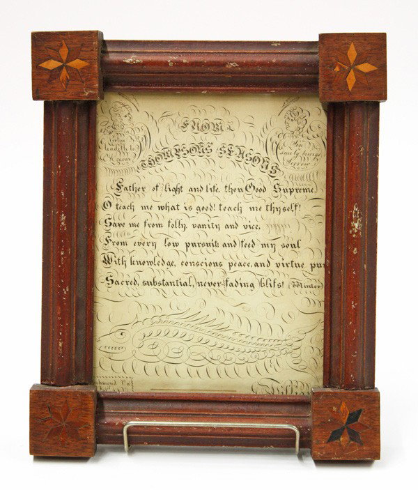 1827 Penwork Fraktur, Richmond VA: Penwork on paper, ''Thompsons Seasons'' dated August 31, 1827, Richmond, VA, depicting well executed penwork and lettering, the title flanked with two figural medallions above the virtuous phrase fini