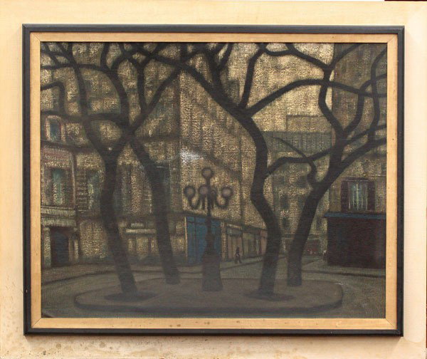Painting, Jean-Yves Couliou, French: Framed oil on canvas, Plaza at Night, by Jean-Yves Couliou (French, 1916-1994), signed ''Couliou'' lower left, sight: 25''h x 31''w, overall: 33''h x 39.5''w