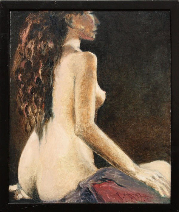 Painting, Stanley Mouse, Seated Nude: Framed oil on canvas, Seated Nude, by Stanley Mouse (Californian, b.1940), signed ''S. Mouse'' lower right, sight: 24''h x 20''w, overall: 22''h x 26''w