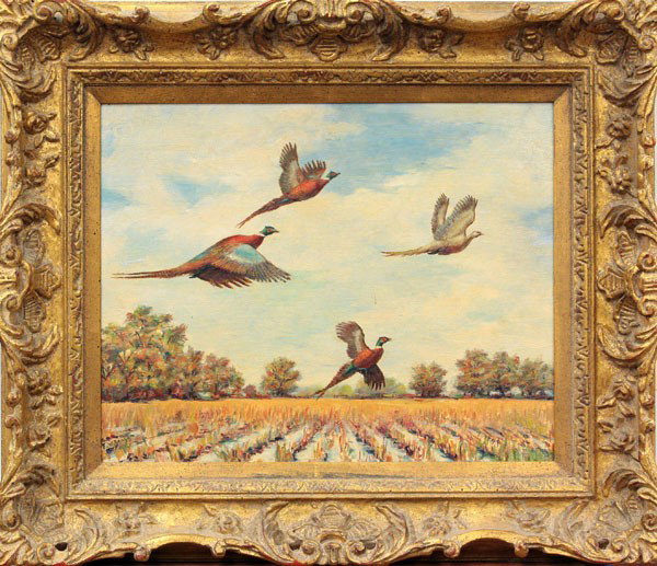 Painting, manner of Frank W. Benson: Framed oil on board, Pheasants in Flight, in the manner of Frank Weston Benson (American, 1862-1951), bears signature lower left, sight: 16''h x 20''w, overall: 24''h x 28''w
