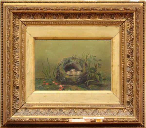 Pair of paintings, British School (19th century): Pair of oils on board, ''Still Life with Grapes and Peach'' and ''Still Life with Eggs in a Nest'', British School (19th Century), initialed ''ESK'' verso, dated ''1894' verso'', sight: 6''h x 9'w, ov