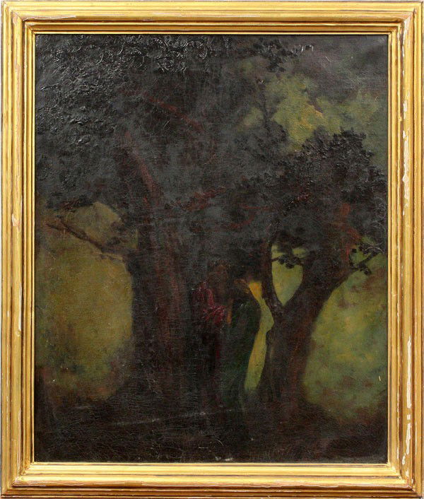 Painting, attributed to Albert Pinkham Ryder: Framed oil on canvas, ''Merlin and Vivien,'' attributed to Albert Pinkham Ryder (American, 1947-1914), bears signature and titled verso, sight: 23.5''h x 19.5''w, overall: 28''h x 23.75''w