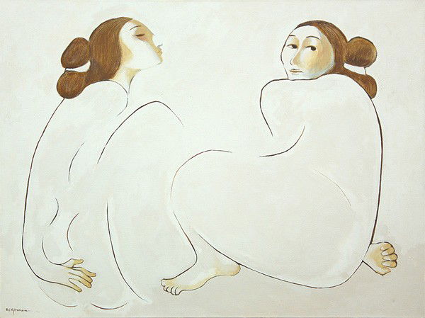 Painting, R.C. Gorman, Women: Unframed oil on canvas, Untitled, 1984, by Rudolph Carl Gorman (American, 1932-2005), signed "R.C. Gorman" lower left, date inscribed upper right corner verso, overall: 36"h x 48"w. Provenance: Deacce