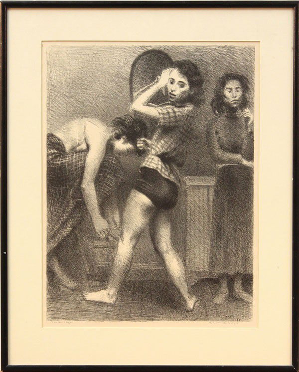 Lithograph, Raphael Soyer,: Framed lithograph, ''Backstage,'' 1935, by Raphael Soyer (American, 1899-1987), pencil signed ''Raphael Soyer'' lower right, titled lower left, signed and dated within the stone, from the edition of 3