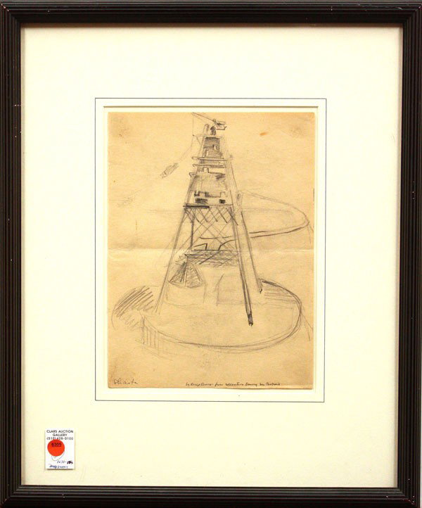 Drawing, Diego Rivera, Shasta: Framed graphite drawing on paper, Shasta (sketch of machinery at Shasta Dam) by Diego Rivera (Mexican, 1886-1957), titled lower left, sight: 12''h x 9''w, overall: 22.5''h x 18.5''w, accompanied by le