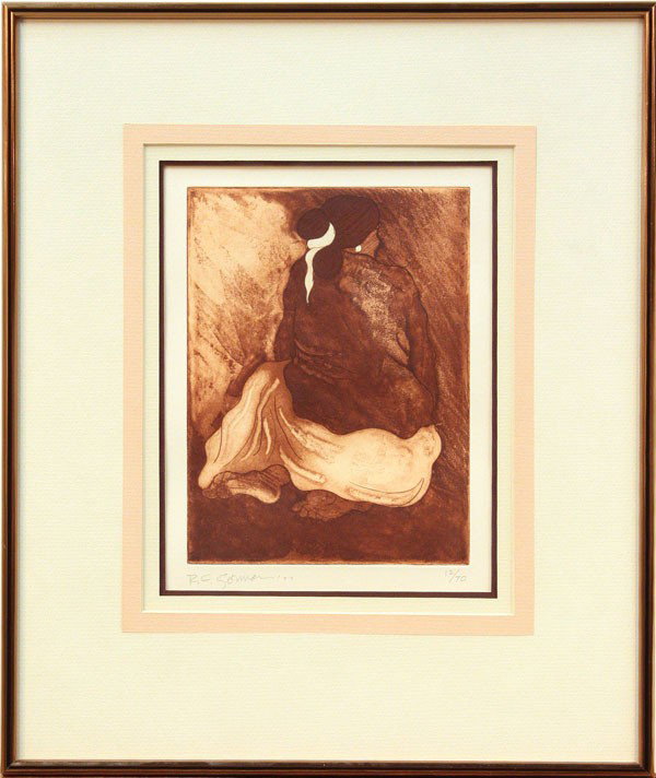 Etching, R.C. Gorman, Navajo Woman: Framed etching with aquatint, Navajo Woman Watching, 1977, by Rudolph Carl Gorman (American, 1932-2005), signed and dated ''R.C. Gorman, '77'' lower left, numbered edition of 70 lower right, sight 8.5