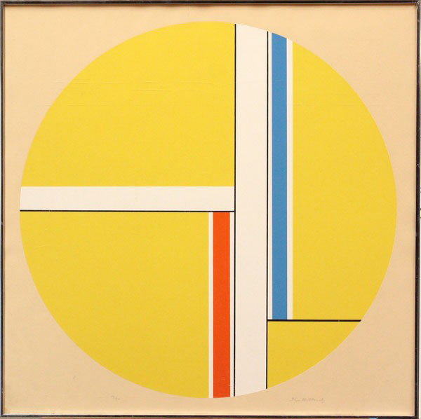 Serigraph, Ilya Bolotowsky, Graphic: Framed serigraph on paper, Yellow Tondo, by Ilya Bolotowsky (Russian, 1907-1981), signed ''Ilya Bolotowsky'' lower right, edition 59/90, sight: 29''h x 29''w, overall: 30''h x 30''w