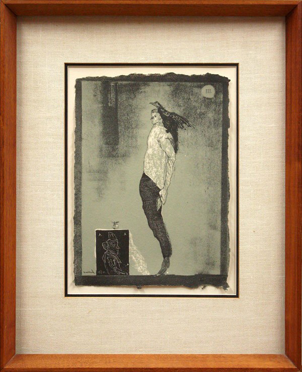 Lithograph, Jose Luis Cuevas: Framed color lithograph, Surreal Scene, 1971, by Jose Luis Cuevas (Mexican, b.1933), signed and dated on the plate, sight: 11.75''h x 8.5''w, overall: 20.25''h x 16.5''w