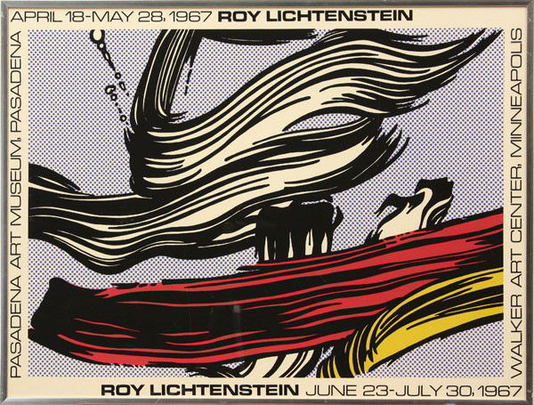 Lithograph, Roy Lichtenstein, Brushstrokes: Framed color lithograph, Brushstrokes, 1967, after Roy Lichtenstein (American, 1923-1997), exhibition poster for Pasadena Art Museum, Pasadena, CA and Walker Art Center, Minneapolis, MN, sight: 25''h