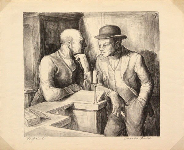 Lithograph, Charles Locke, Cigar Shop: Unframed lithograph, ''Cigar Store,'' 1932, by Charles Locke (American, 1899-1983), signed ''Charles Locke'' lower right, incribed ''40 prints'' lower left, sight: 10''h x 11''w, overall: 19''h x 20''
