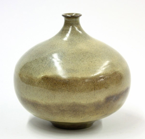 Otto and Gertrud Natzler Vase: Otto and Gertrud Natzler bottle, having a bulbous form with a variegated beige to brown glaze, originally exhibited and purchased from Gumps at the 1966 Natzler exhibit, San Francisco, marked Natzler 