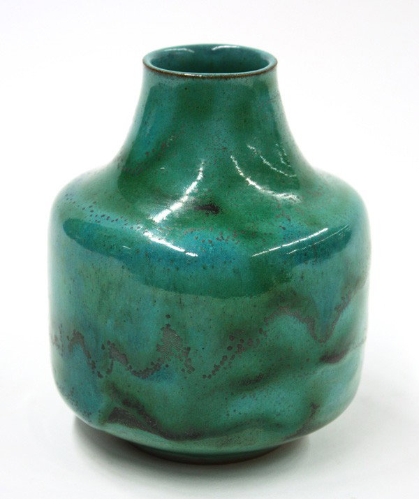 Otto and Gerturd Natzler vase: Otto and Gertrud Natzler vase, having a shouldered form, the glaze having a green to aqua color with black accents, originally exhibited and purchased from Gumps at the Natzler exhibit, 1966 in San Fr