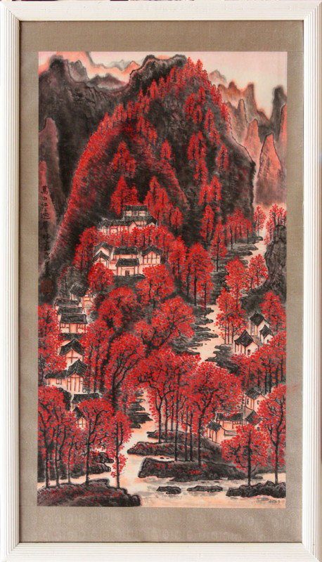 Chinese Painting, Li Keran(after),Autumn Landscap: Framed Chinese painting, Autumn Landscape, after Li Keran (1907-1989), ink and color on paper, the left with colophon 'wan shan hong tong, ceng lin jin ran', bearing signature 'Li Keran' and one seal,