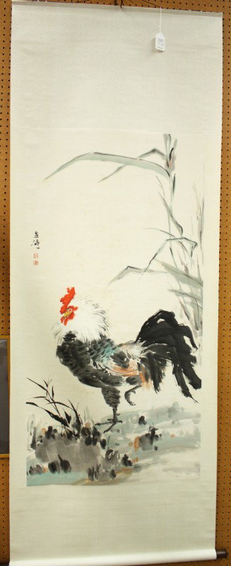 Chinese Painting, Wang Xuetao(after), Rooster: Chinese scroll painting, Rooster, after Wang Xuetao (1903-1982), ink and color on paper, the left bearing the signature 'Xuetao' and two seals, overall: 86.5''h x 32.5''w, painting: 54''h x 27''w