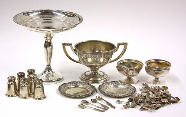 American sterling table articles: (lot) American sterling silver associated table articles consisting of two S. Kirk & Son ''Repousse'' butter pats, pair of hexagonal form and pedestal master salt cellars with a beaded circualr bowl,