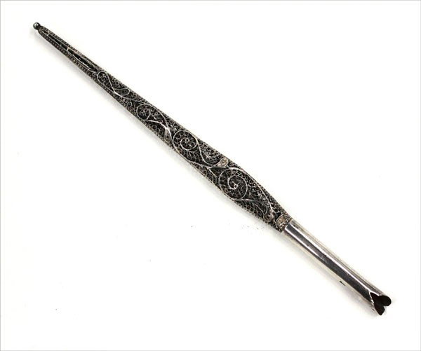 Sterling pen holder: Russian .875 silver filligree pen holder, 6.5''