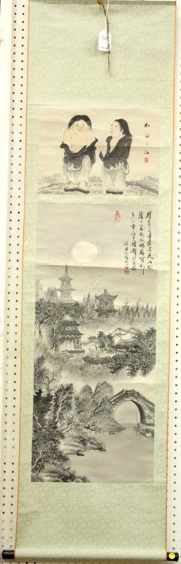 Chinese Scroll, Zhang Ji, Landscape: Chinese hanging scroll, Landscape and Hehe er xian, ink and color on paper, the upper section with a painting entitled and depicting Hehe er xian (immortal of harmony and union) and with one seal, all