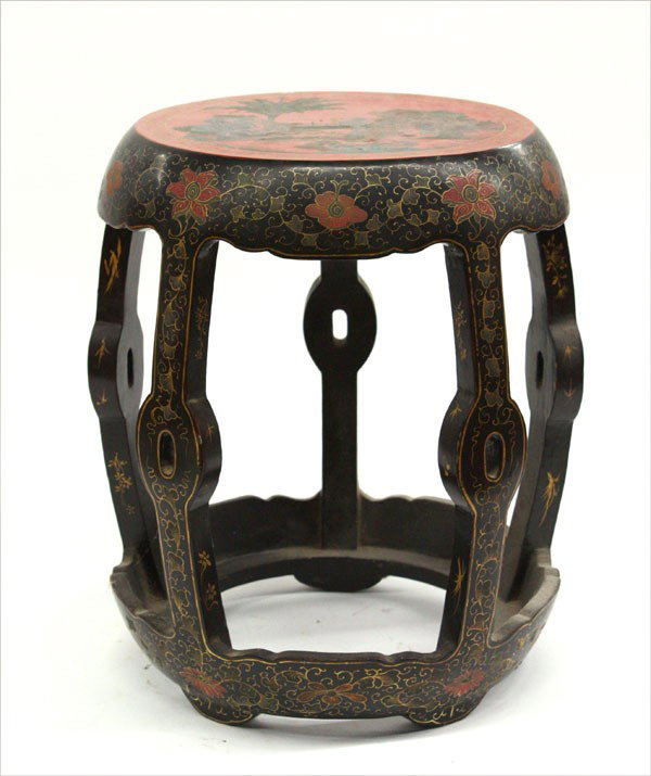 Chinese Pigment/Lacquered Stool: Chinese gilt and lacquered drum stool, Republic period, the red lacquered circular top featuring a beauty and three children with faces picked out in silver set amid a polycrhome painted garden terrac