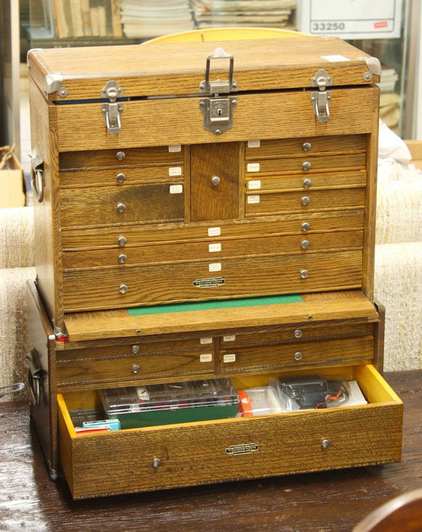 H Gerstner and Sons machinists chest: (lot of 2 chests) H Gerstner & Son's Model 042 machinists chest circa 1925, executed in golden oak, having a hinged and mirrored top compartment above a 10 drawer fitted case, drawers are felt lined a