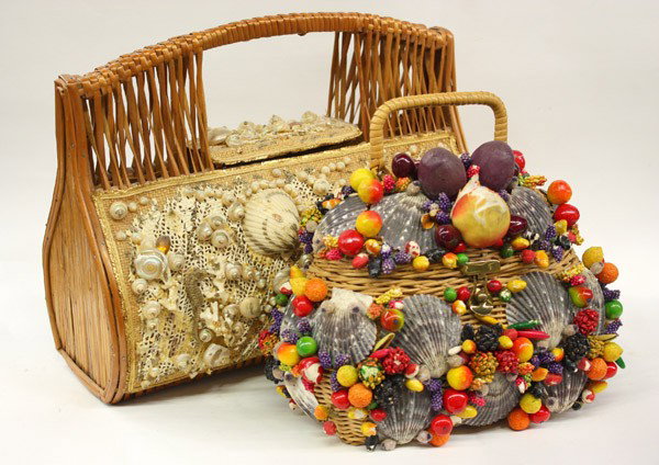 Vintage purses: (lot of 2) Vintage woven rattan and burlap purse with an under the sea motif on the front showing various seashells, pearls, and seahorse, styled by Straw World, Hialeah, Florida; together with a vint