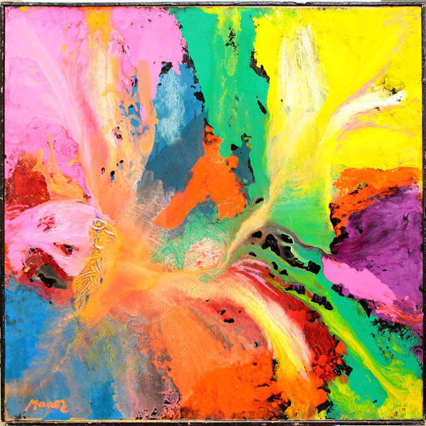 Painting, Manor Shadian, Abstract: Framed mixed media on canvas, ''Symphony'', by Manor Shadian (Californian, b.1931), signed ''Manor'' lower left, overall: 37''h x 37''w