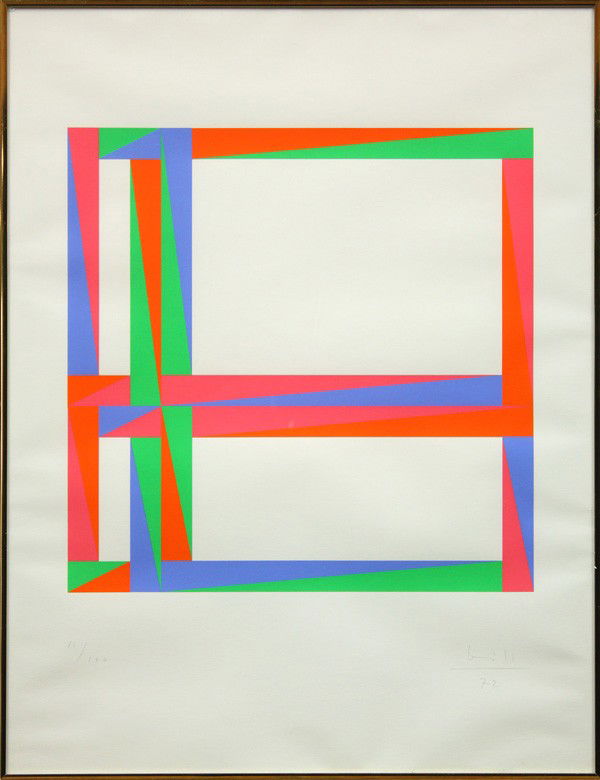 silkscreen, Max Bill, 1972: Framed silkscreen, Untitled, (1972), by Max Bill (Swiss, 1908-1994), signed and dated ''Bill '72'' lower right, numbered 11/100 lower left, sight: 25.25''h x 19''w, overall: 25.875''h x 19.875''w