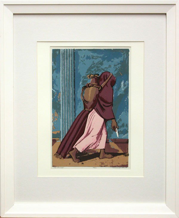 Lithograph, the spinner, millard sheets: Framed color lithograph, ''The Spinner'', signed ''Millard Sheets'' lower right, edition numbered 48/270 lower center, sight: 12.5''h x 8''w, overall: 22''h x 18''w