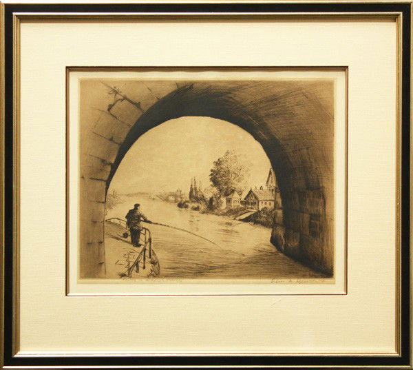 Print, Elias M. Grossman: Framed etching, ''Fishing in Joinville (France)'', by Elias M. Grossman (American 1898-1947), signed in pencil ''Elias M. Grossman IMP'' lower right, titled in pencil lower left, overall: 21.375''h x