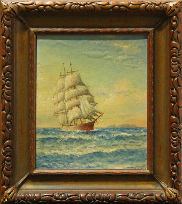 Painting, after William A. Coulter, Ship Under Sa: Framed oil on canvasboard, Ship Under Sail, after William Alexander Coulter (Californian, 1849-1936), bears signature lower right, sight: 12''h x 10''w, overall: 17.75''h x 15.75''w